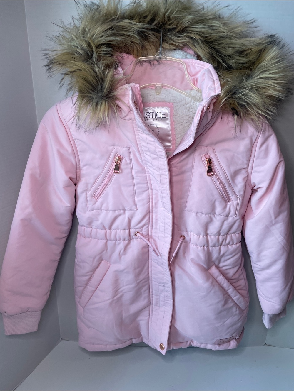 Justice Youth Size Medium 10 Light Pink Faux-Fur Removable Hooded Puffer Coat